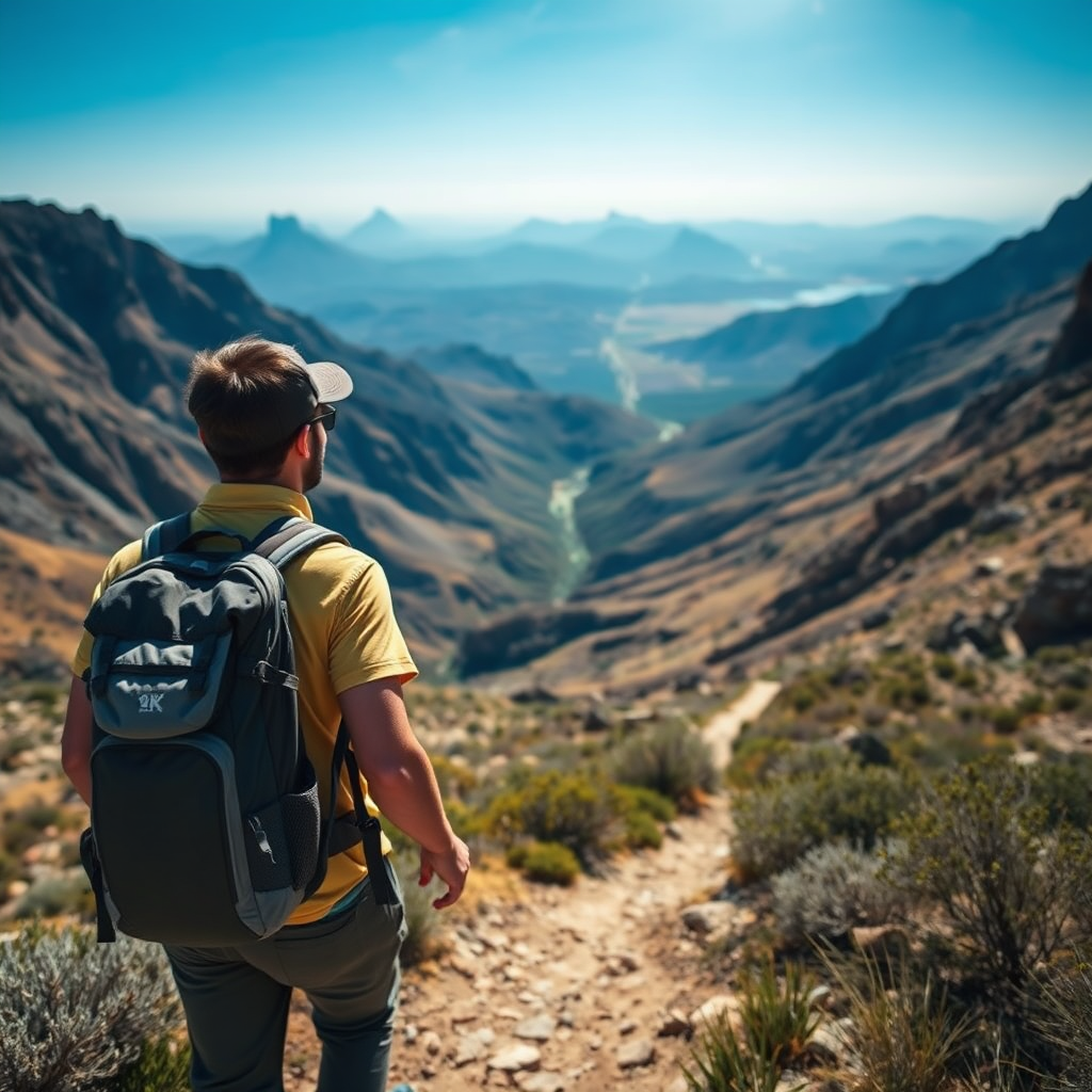 A photorealistic image of a solo traveler hiking through a mountain trail in Baja California Sur. The traveler is wearing a backpack and looking out at the stunning view. The camera angle is slightly elevated, capturing the vastness of the landscape. Style: adventure photography. 4K resolution.